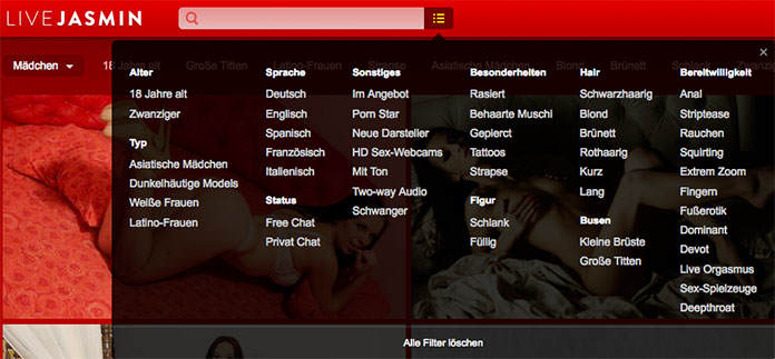 Filterfunktion auf LiveJasmin.com